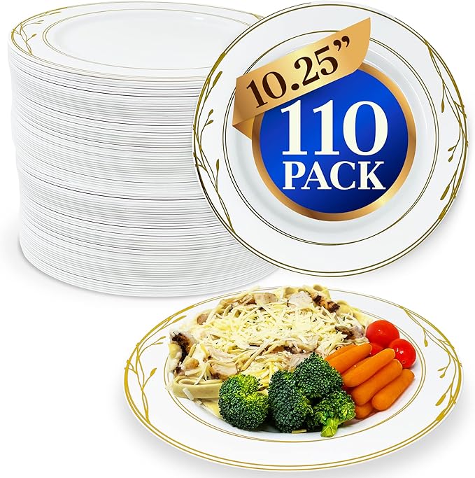 Reli. Disposable Plastic Plates, White & Gold Rim (110 Pcs, 10.25") | Hard Plastic Dinner Plate | Elegant, Heavy Duty Disposable Round Platters for Party, Wedding, Event, Christmas (Gold Trim)
