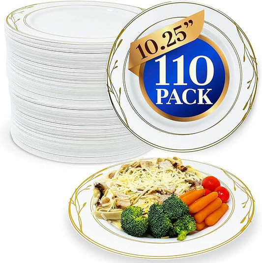 Reli. Disposable Plastic Plates, White & Gold Rim (110 Pcs, 10.25") | Hard Plastic Dinner Plate | Elegant, Heavy Duty Disposable Round Platters for Party, Wedding, Event, Christmas (Gold Trim)