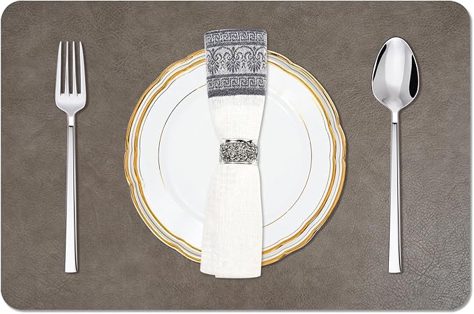 EDanle Cowhide Pattern Faux Leather Placemats Set of 6,Heat Resistant Non-Slip Waterproof Wipeable Washable Kitchen Dining PU Table Place Mats,Double-Sides Available,Grey Yellow