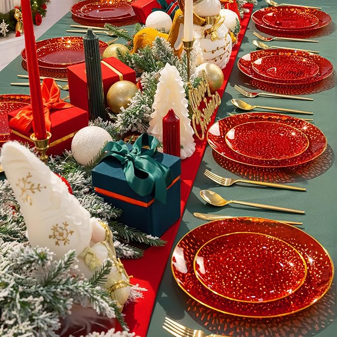 SUT 36Pcs Red Plastic Plates, Hammered Plates Disposable Heavy Duty, Red Disposable Plates With Gold Rim, Fancy Plastic plates Include 18 Dinner plate and 18 Dessert plate for Wedding