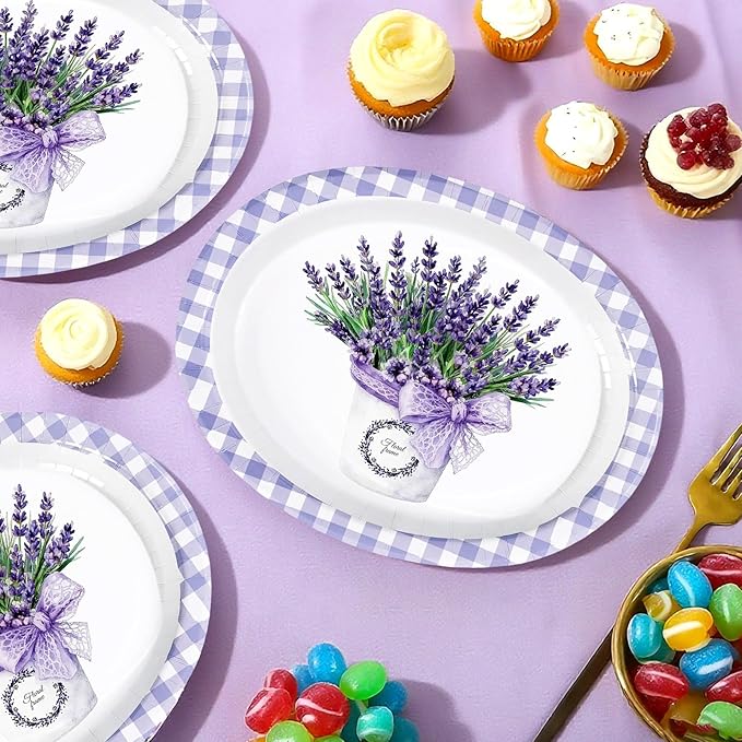 50 Pcs Purple Lavender Gingham Oval Paper Plates 10" x 12" Large Disposable Spring Purple Lavender Floral Heavy Duty Paper Platters Lavenders Theme Plates for Wedding Baby Shower Party Supplies