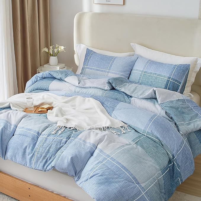 LifeTB Queen Comforter Set Modern Style Checkered Pattern Comforter for Men Boys Blue Plaid Printed Geometric Comforter with 2 Pillow Shams Fluffy Boho Grid Checkered Comforter Set Queen Size