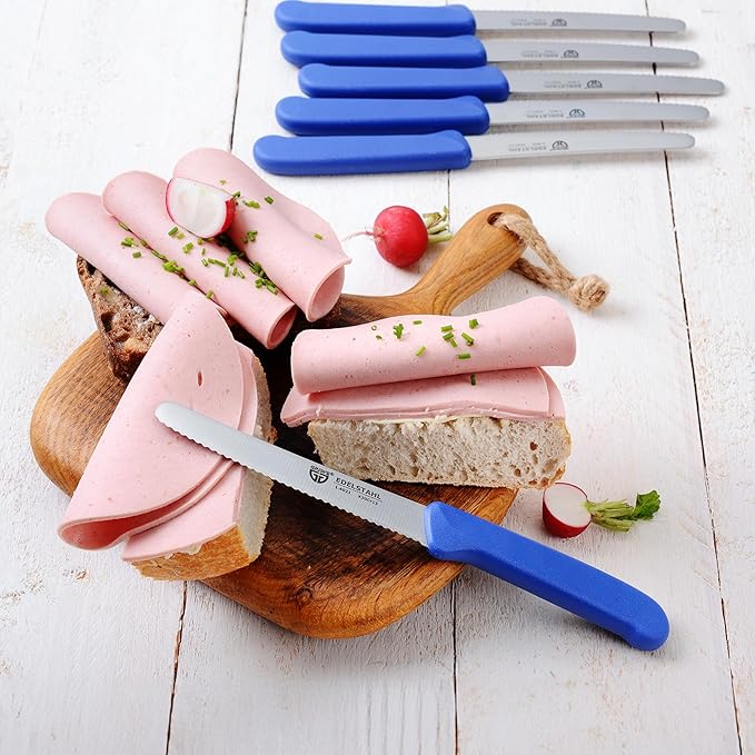 GR횆WE table knife 6 pieces, set for cutting, pack of 6 bread knives, for breakfast with serrated edge on one side, length 8.3 inch - handle color blue