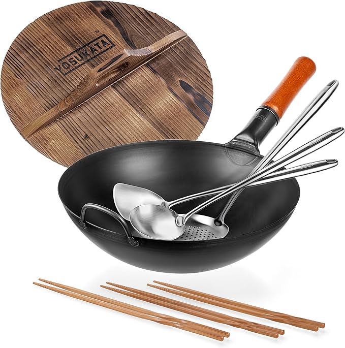 YOSUKATA Carbon Steel Wok Pan ??13,5 ??Stir Fry Pans + Wooden Wok Lid 13.5 + 17" Spatula and Ladle Skimmer + Natural Wooden Long Cooking Chopsticks Set of 3