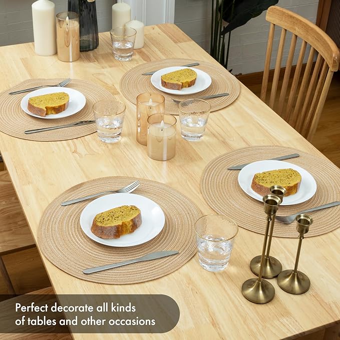 Winknowl Round Braided Placemats Set of 8 Washable Woven Heat Resistant Table Mats for Kitchen Dining Tables 15 inch Round Place Mats (Beige,8)
