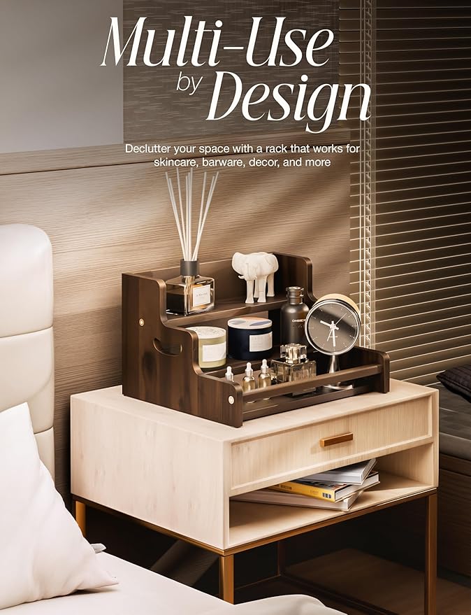 Tinamo Acacia Wood Liquor Bottle Display Shelf ??3-Tier Countertop Wine Rack, Bar Shelf ??Whiskey Bar Stand for Home, Bottle Organizer for Countertop ??Wine Holder with Handles (Walnut Color)