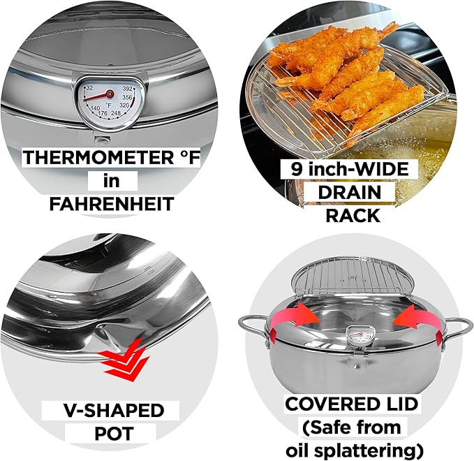 Deep Fryer Pot (째F), 11"/4.4Qt (4.2 L) Extra Large Tempura Frying Pot with Lid, 304 Stainless Steel Fry Pot with Fahrenheit Thermometer and Oil Drip Drain Rack