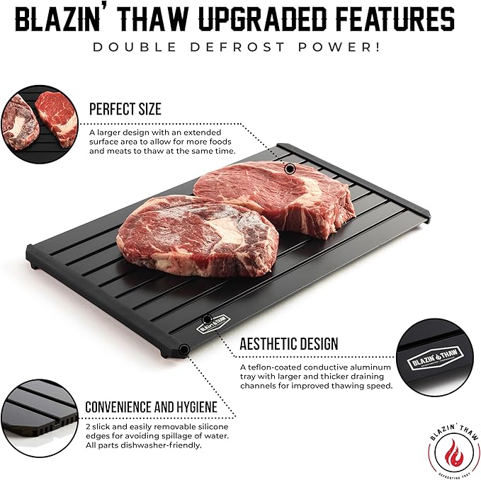 BLAZIN' THAW Defrosting Tray for Frozen Meat | 14??Large-Size | Aluminium Plate for Thawing Frozen Food | Natural Thawing Process | No Microwaves, No Cold/Warm Water Required |