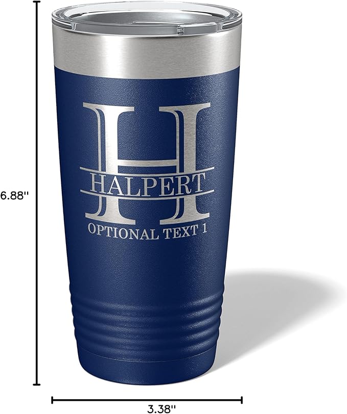 Personalized 20oz (17 Colors) Powder Coated Insulated Stainless Steel Tumbler with Lid, Custom Etched, Customized Engraved Gift Idea for Women Men Her Him, Halpert Monogram Initial Name (Navy Blue)