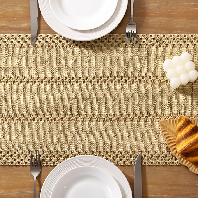 Socomi Boho Table Runner Macrame Valentine's Day Farmhouse Woven Cotton Linen Rustic Coffee Table Runner with Tassels for Dresser Scarf Home Decor Dining Room 12x90 inch Champagne