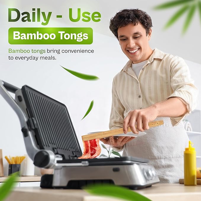 Bamboo Tongs Set of, 10 Inch ??Natural Wooden Kitchen Tongs for Cooking, BBQ, Salad, Toast & Nonstick Cookware