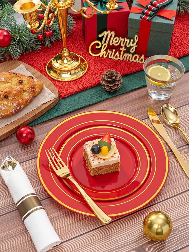 175 Pieces Red Plastic Plates with Gold Rim Include Dinner Plate 10?? Dessert Plate 7?? gold Cups 9 OZ, Pre Rolled Napkins 25 of each type for Party Valentine's Day