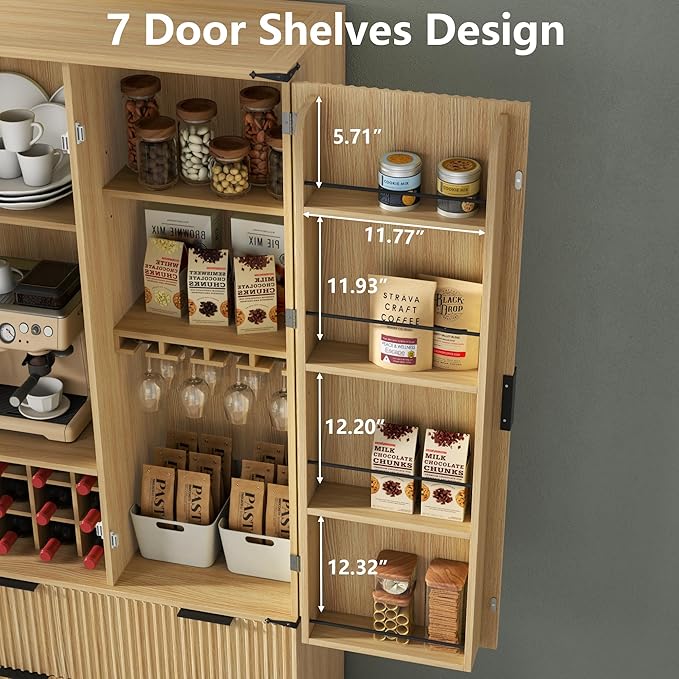 Loomie 71" Tall Kitchen Pantry Cabinet, Modern Fluted Storage Cabinet w/2 Drawers, 5 Adjustable Shelves & 7 Door Shelves, Wine Bar Cabinet w/Wine Rack & Glass Holder, Cupboard for Kitchen (Natural)