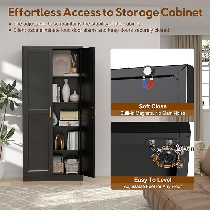 71" Kitchen Pantry Cabinet, Pantry Storage Cabinet with Doors and 4 Shelves, Metal Storage Cabinets for Kitchens, Living Room, Dinning Room, Assembly Required, Black