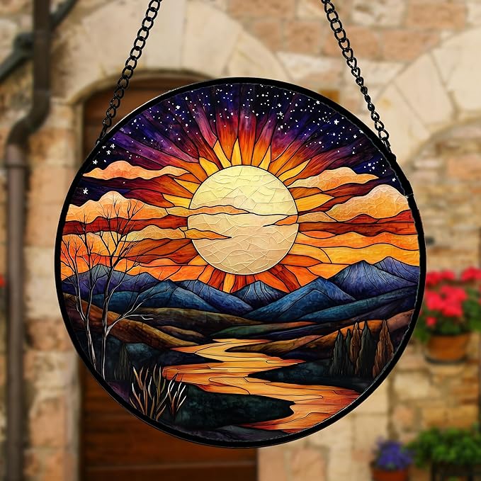 Stained Glass Window Hanging, The Sun Shines Brightly on Lake Sun Catchers Colorful Glass Panel Suncatcher Decor for Birthday for Women, Men, Wife, Lovers, and Mom 11.8x11.8 in