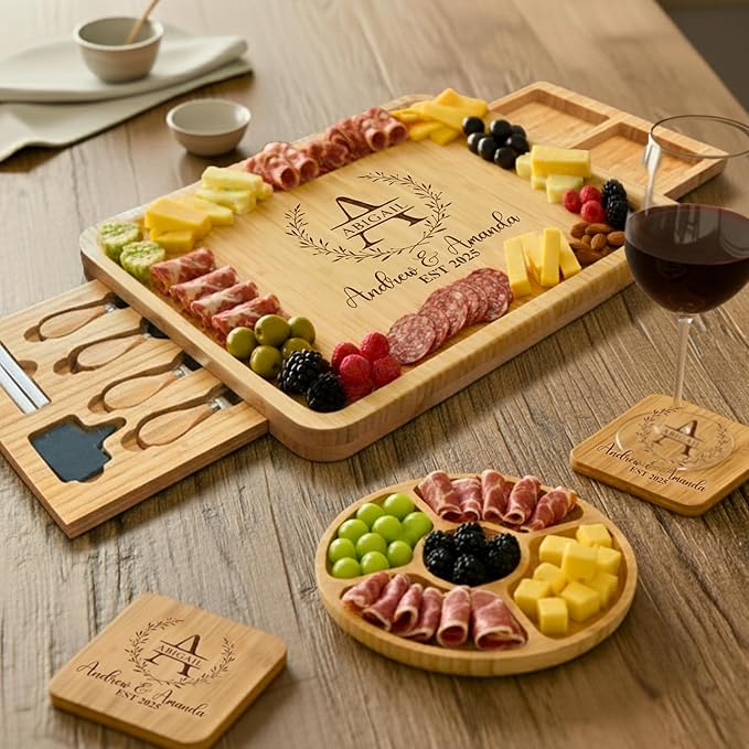 Personalized Bamboo Charcuterie Board Set with Fruit Tray - House Warming Gifts New Home, Gift for Couple, Wedding, Christmas, Anniversary, Housewarming, Bridal Shower Gift