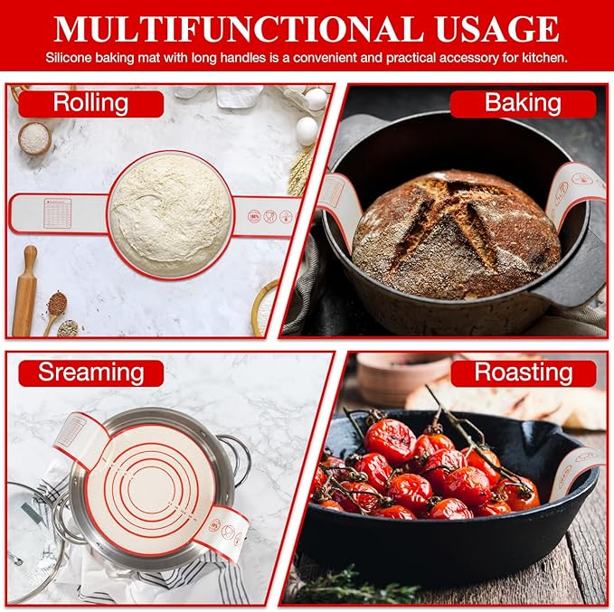 Silicone Bread Sling for Dutch Oven Baking Mat With Extra Long Handles Sourdough Bread Baking Supplies Non-Stick Silicone Mat Reusable Heat Resistant Food Grade Cooking Sheets Liners 2 PCS