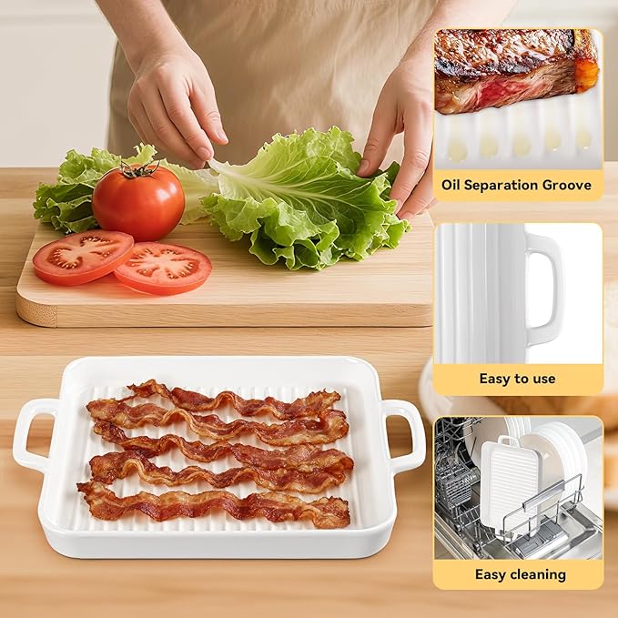 Bacon Cooker for Microwave Oven,Ceramic Microwave Bacon Tray,White Bacon Cooker Meat Rack for Oven, Square Baking Tray,Multi-Functional Microwave bacon Cooker,Microwave-Safe