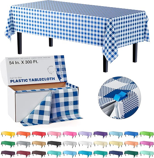 Party Solids 54 Inch X 300 Feet Blue Gingham Plastic Table Cover Roll in A Cut - to - Size Box with Convenient Slide Cutter. Cuts Up to 36 Rectangle 8 Feet Plastic Disposable Tablecloths