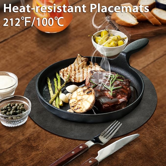ADRIMER Placemats, Heat Resistant Round Placemats Set of 8 Washable, Waterproof Table Mats, Wipeable Faux Leather Place Mats for Kitchen, Dining Room, Dark Grey