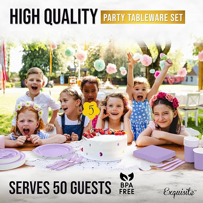 Exquisite 350 Pcs Lavender Paper Plates For Party, Lavender Disposable Plates Set, 50 Of Each 9" Dinner Plate Set, 7" Dessert Plate, Cups, Napkins & Cutlery Paper Dinnerware