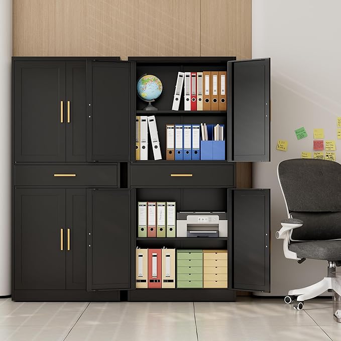CJF 71" H Metal Kitchen Pantry Storage Cabinet, Freestanding Cupboard with Adjustable Shelves and 1 Drawer, Standing Storage for Kitchen, Bathroom, Garage, Dinning Room or Utility Room（Black）