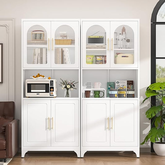 75" Metal Kitchen Pantry Storage Cabinet,Kitchen Hutch Food Pantry Cabinet with Microwave Stand,Freestanding Larder Cupboard with Doors and Adjustable Shelves for Living Room