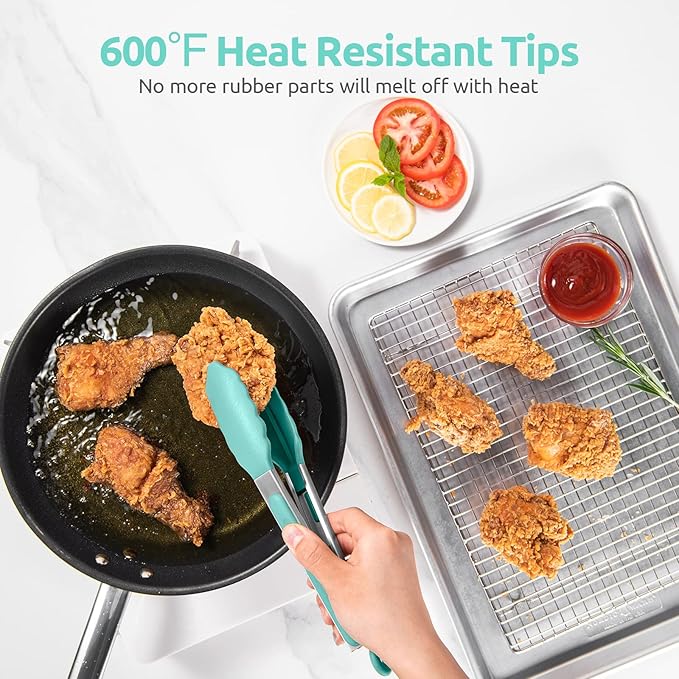 600쨘F Heat Resistant Kitchen Tongs: U-Taste 9 inch Silicone Cooking Tong with Firm Sealed Non Stick Rubber Tips & Silicon Coated 18/8 Stainless Steel Handle & Smooth Locking for Serving Salad-Aqua Sky