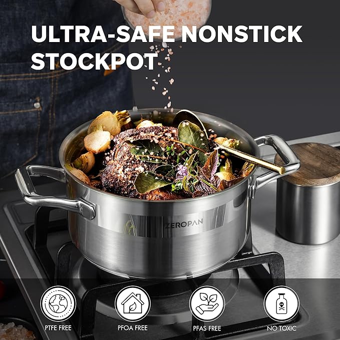 Hybrid Nonstick 4-Quart Stockpot,9.5 Inch Stainless Steel Stockpot with Lid,Non-stick Soup Pot,PFAS PFOA PTFE Free,Dishwasher-Friendly, Oven-Safe Up to 600째F,Compatible with All Cooktops