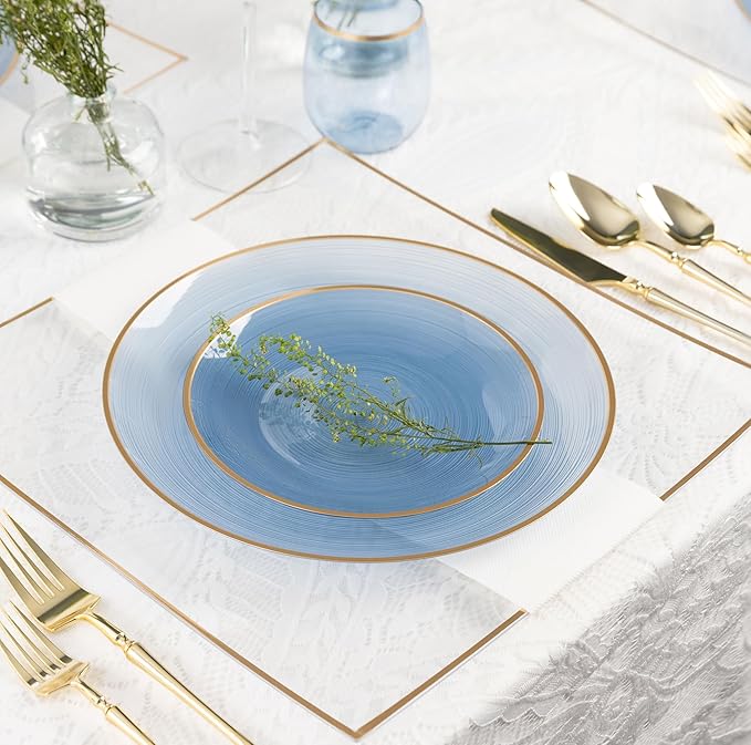 PLASTICPRO 64 Pieces Crystal Design Plastic Plates Combo Pack 7 inch and 10 inch Gold Rim Elegant Disposable Plates, Transparent Blue