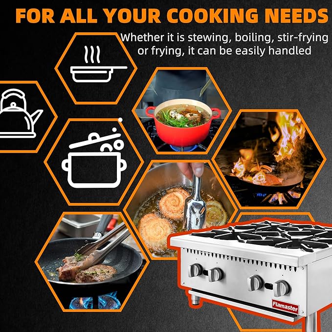 4 Burner Commercial Hot Plate, 24" Countertop Gas Stove Stainless Steel Natural Gas Range with Propane Conversion Kit Cooking Equipment for Restaurant Kitchen-100000 BTU