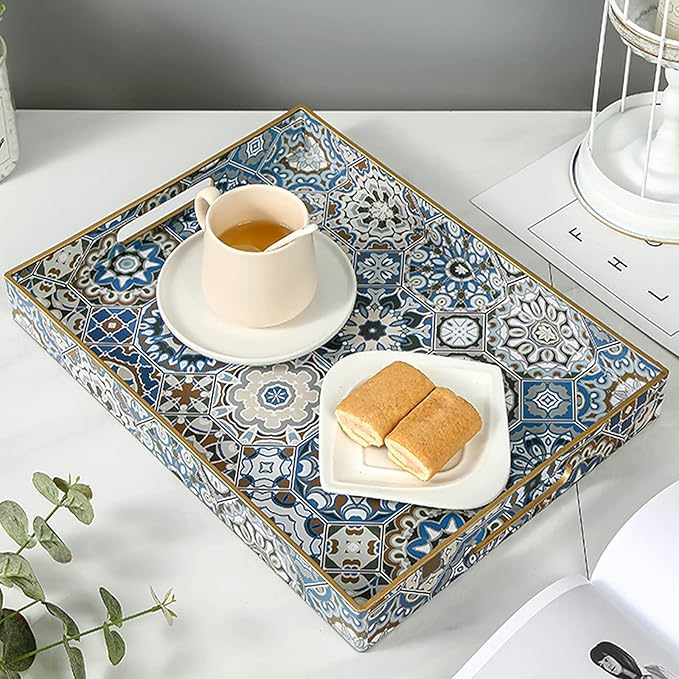 Boho Coffee Table Trays Serving Tray with Handles Large Tray for Ottoman Modern Decorative Tray for Living Room
