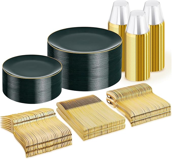 WDF 300Pcs Green Plates Disposable - Heavy Duty Green Plates - 50Guest Green Plastic Dinnerware Include 50 Dinner Plate, 50 Dessert Plate, 150 Cutlery & 50 9oz Cups for Parties St. Patrick?셲 Day