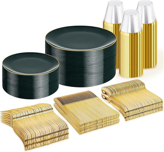 WDF 300Pcs Green Plates Disposable - Heavy Duty Green Plates - 50Guest Green Plastic Dinnerware Include 50 Dinner Plate, 50 Dessert Plate, 150 Cutlery & 50 9oz Cups for Parties St. Patrick?셲 Day