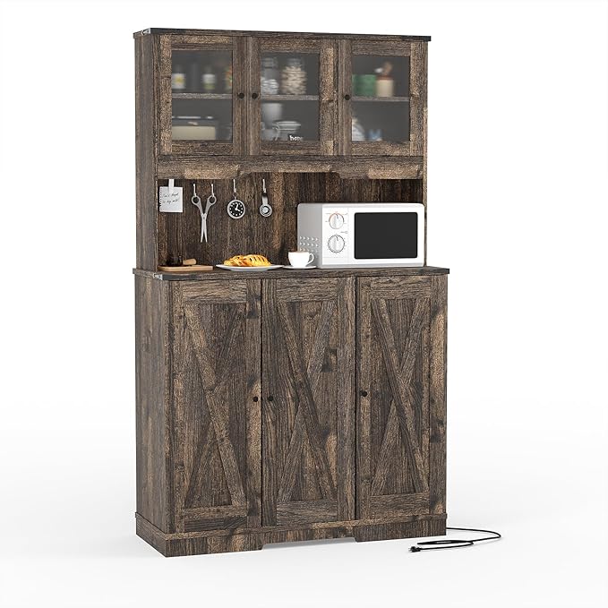 71 in Tall Pantry Cabinet with Charging Station, Farmhouse Kitchen Hutch Display Storage Cabinet with Microwave Stand, Coffee Bar Food Pantry with Glass Doors and Shelves for Living Room, Dining Room