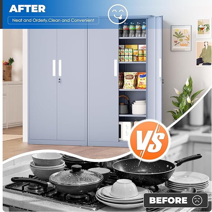 INTERGRAET 63" Tall Pantry Cabinet,Kitchen Pantry Storage Cabinets with 2 Doors and 4 Shelves,Cement Gray Metal Storage Cabinet,Cupboard for Home,Kitchen,Living Room/Dining