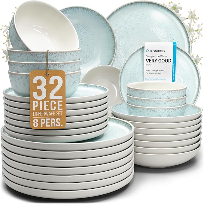 Stoneware dinnerware set 8 persons 32 pcs ??Modern style plates and bowls set ceramic ??Dishwasher safe and scratch resistant ??Bowl and plate set ??Dinner service Pure Living beige & blue