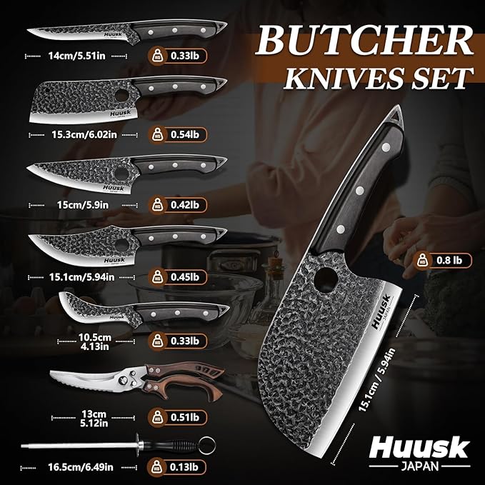 Huusk Serbian Chef Knife Set - 6Pcs Hand Forged Butcher Knife Set for Meat Cutting, Viking Boning Knives with Bag for Kitchen Outdoor BBQ Camping, Birthday Christmas Gift Idea Men