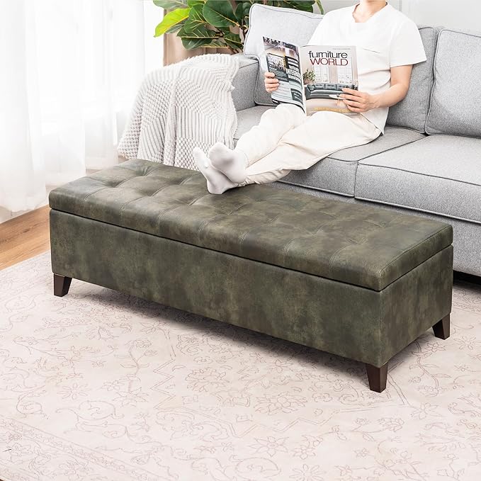 DECO DE VILLE Ottoman with Storage, 51 Inch End of Bed Storage Ottoman Bench, Faux Leather Upholstered Ottomans with Hinged Lid, Rectangle Long Foot Rest Bench for Living Room Bedroom Dark Green