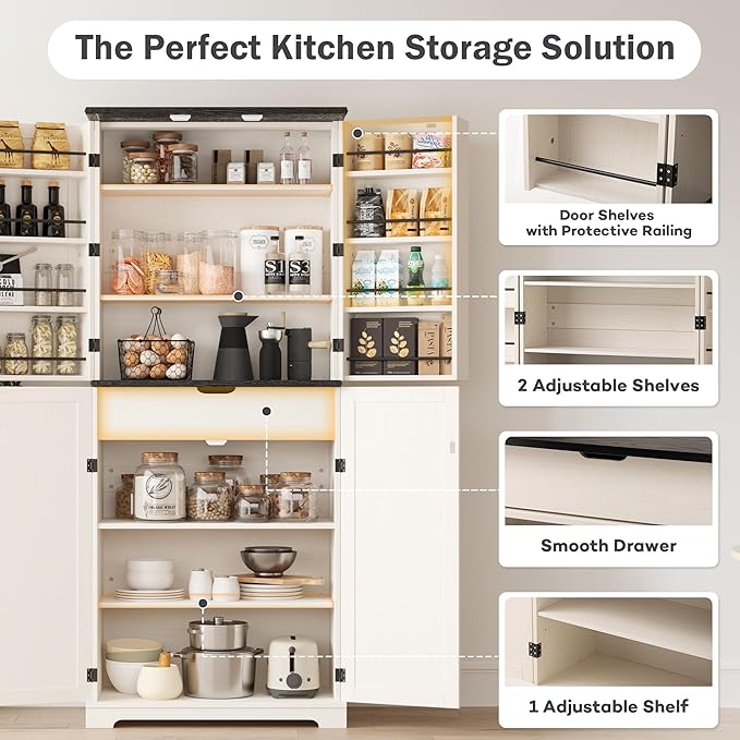 COSIEST 72'' Kitchen Pantry Cabinet, Tall Storage Cabinet with Organizer, Drawer and Adjustable Shelves, Freestanding Cupboard, Storage Cabinets for Kitchen, Dining Room, Bathroom, Off White