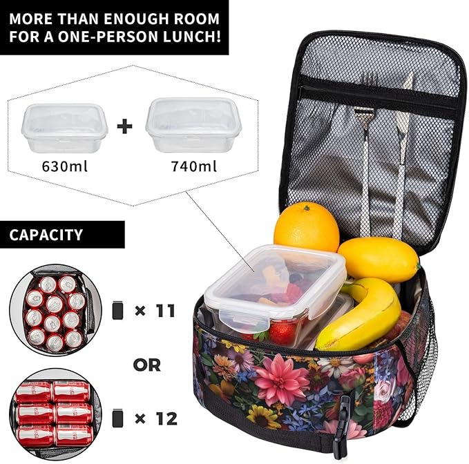 VANZEV Insulated Lunch Box for Women Men, Floral Flower Theme Lunch Box Reusable Portable Lunch Bag Cooler Tote Waterproof Lunch Container for Office Picnic Work Travel