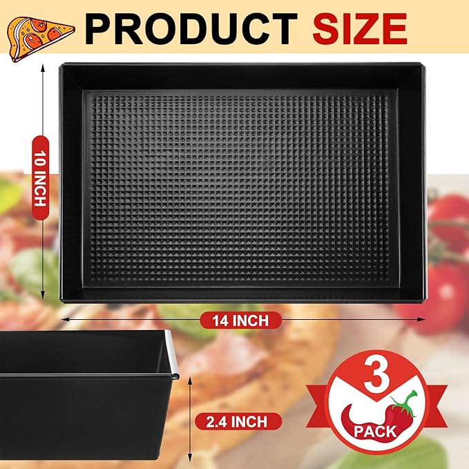 RimCereal 3 Pcs Detroit Style Pizza Pan 10 x 14 x 2.36 Inch Non Stick Rectangle Deep Pizza Pans Pre Seasoned Carbon Steel Sicilian Style Pan Dish Bakeware Kitchenware