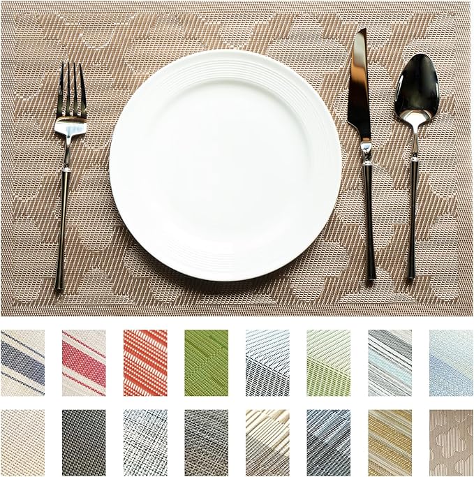 SUMYMERY Placemats Set of 8 Vinyl/Plastic Woven Place Mats for Kitchen Table Indoor/Outdoor Washable Placemat Wipeable Dining Table Mats (Dark Brown Clover,8)