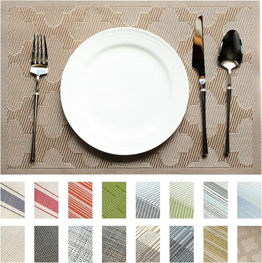 SUMYMERY Placemats Set of 8 Vinyl/Plastic Woven Place Mats for Kitchen Table Indoor/Outdoor Washable Placemat Wipeable Dining Table Mats (Dark Brown Clover,8)