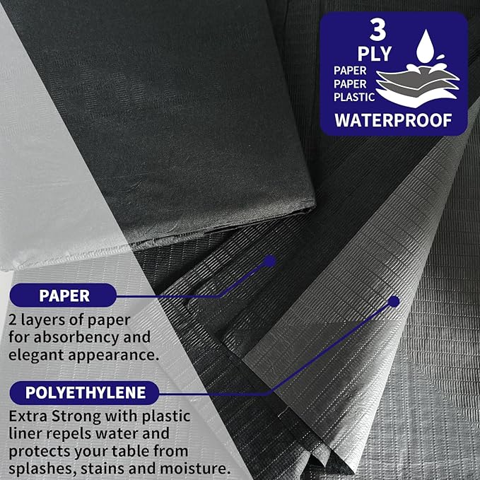[6 Pack] Black Paper Tablecloths Disposable for Rectangle Tables, 54 X 108 Inch Party Table Cover with Plastic Backing, Waterproof 3 Ply Table Cloth for Halloween Banquet Parties, New Pattern