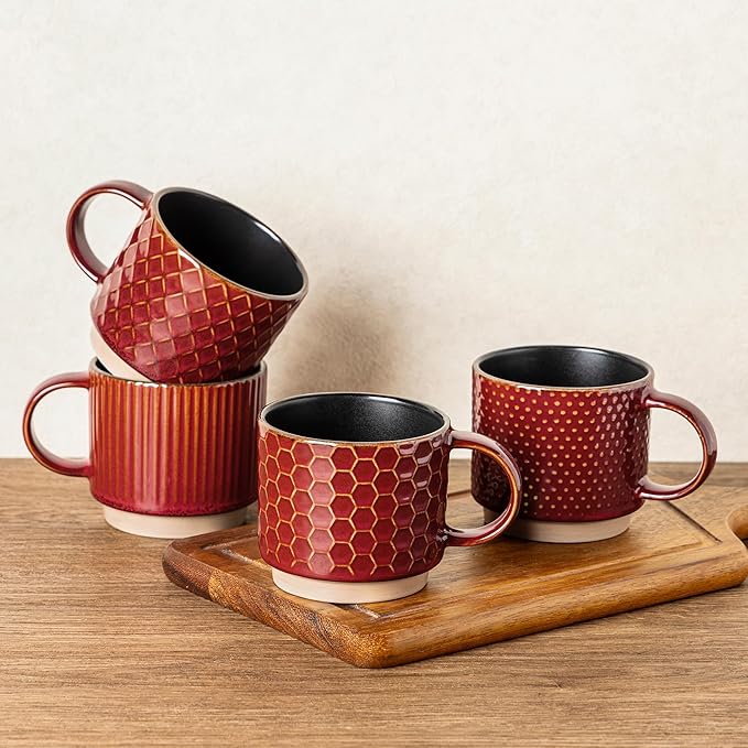 GBhome 15OZ Stackable Coffee Mugs Set of 4, Ceramic Coffee Cups with Texture Patterns for Man,Woman. Elegant Mugs Set for Latte/Cappuccino/Cocoa. Dishwasher&Microwave Safe, Red