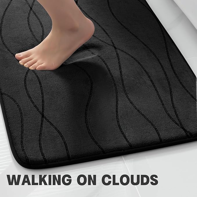 YIHOUSE Memory Foam Black Bathroom Rug Sets 3 Piece, Ultra Absorbent Bath Mat for Bathroom - Non-Slip Machine Washable & Dry Quickly, 3 Piece Bathroom Mat Set, Black