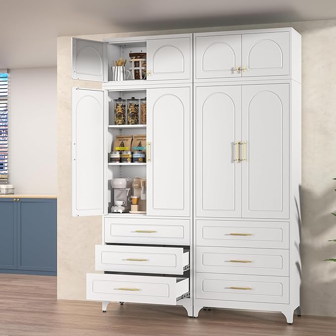 Kitchen Pantry Cabinet with 3 Drawers, 90" Tall Metal Storage Cabinets with Doors and Shelves, Food Cupboards for Dining, Living Room, 16" D x 32" W x 90" H, White, Assembly Required
