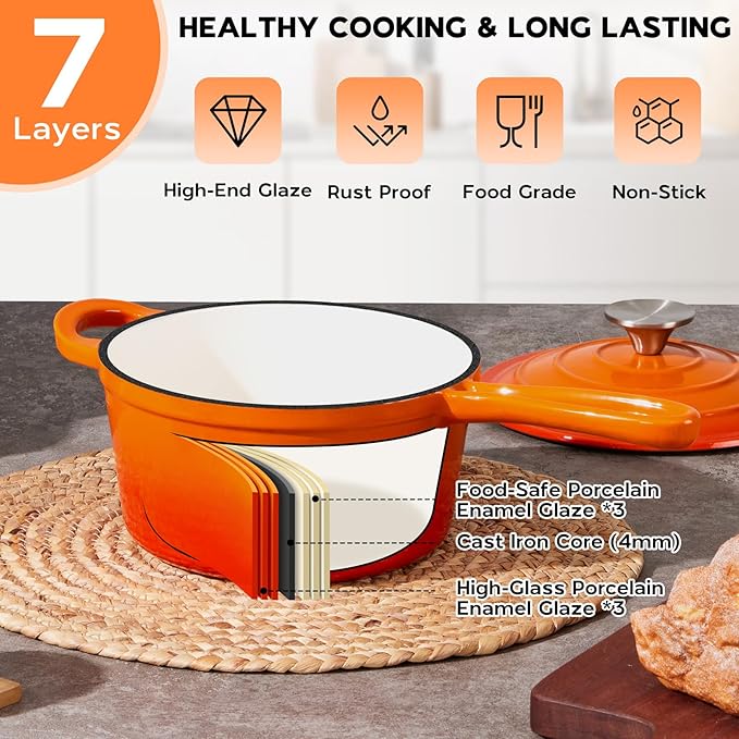 Onader Enameled Cast Iron Sauce Pan Pot, 1QT Saucepan with Lid, Small Enamel Dutch Oven Kitchen Cooking Pot ??Sunset Orange