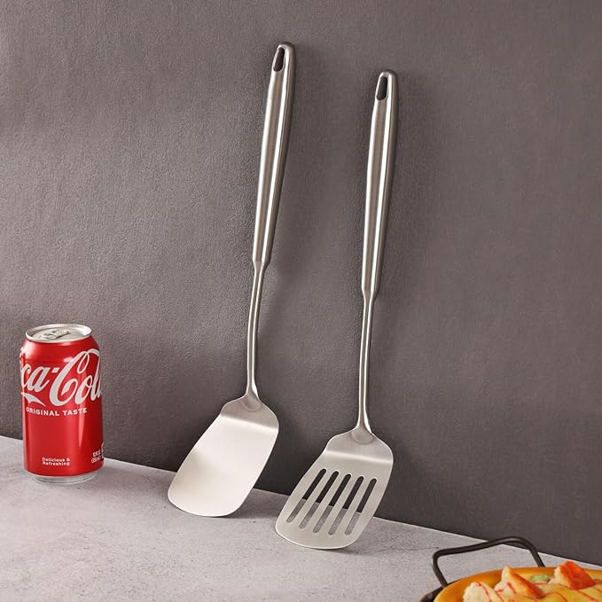 18/10 Stainless Steel Spatulas Set - All Metal Spatulas for Kitchen Use or Outdoor Grilling, 14.7??Long, Non Toxic, Heavy Duty, Commercial, Chef Grade - 1 Slotted Spatula + 1 Solid Turner for Cooking